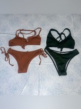 Zaful Brown & Dark Green Ribbed Tie-Side Bikini Sets size S